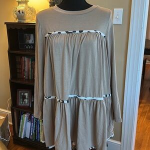 Boutique Top - Tan Long Sleeve Tunic with Pattern Accents - Small